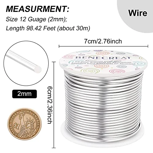 BENECREAT 12 17 18 Guage Aluminum Wire (12 Gauge 100FT) Silver Anodized Jewelry Craft Wire for Beading Floral Making, Jewelry Sculpting Model Making — view 2